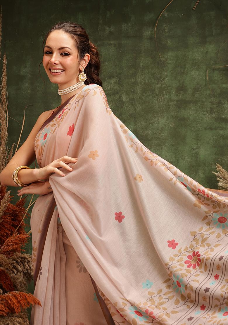 Peach Printed Cotton Saree