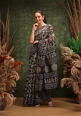 Black Printed Cotton Saree