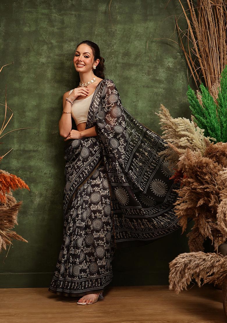 Black Printed Cotton Saree
