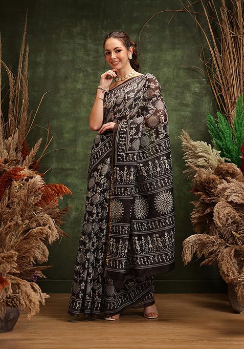 Black Printed Cotton Saree