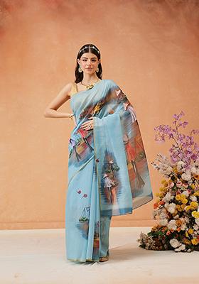 Sky Blue Printed Cotton Saree