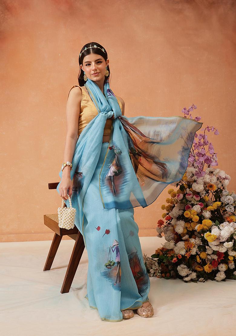 Sky Blue Printed Cotton Saree