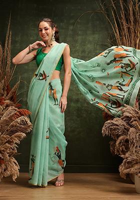 Parrot Green Printed Cotton Saree