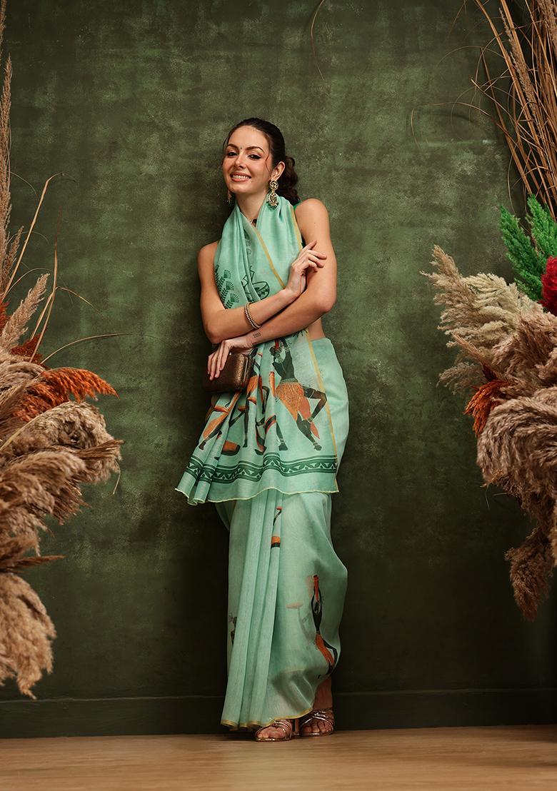 Parrot Green Printed Cotton Saree