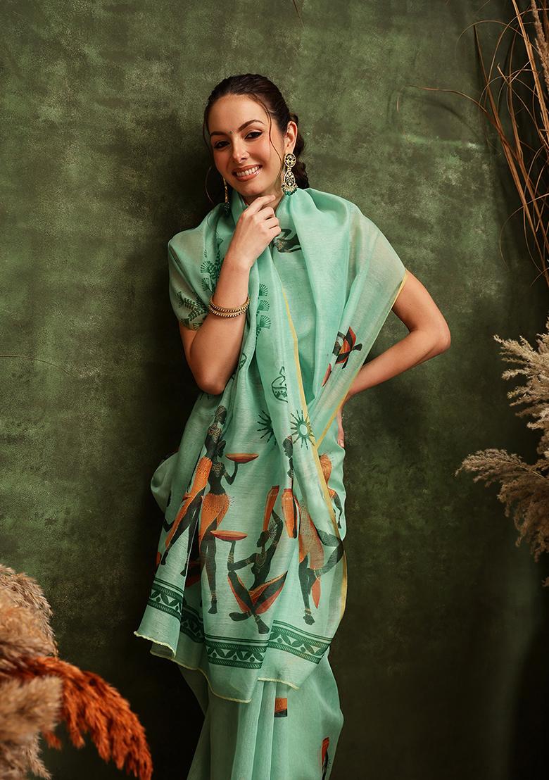 Parrot Green Printed Cotton Saree