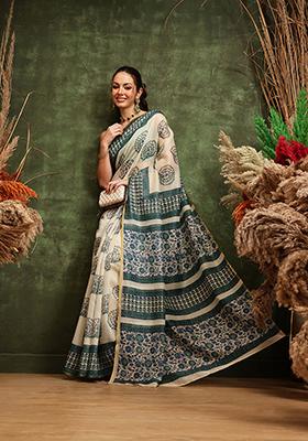 Off White Printed Cotton Saree