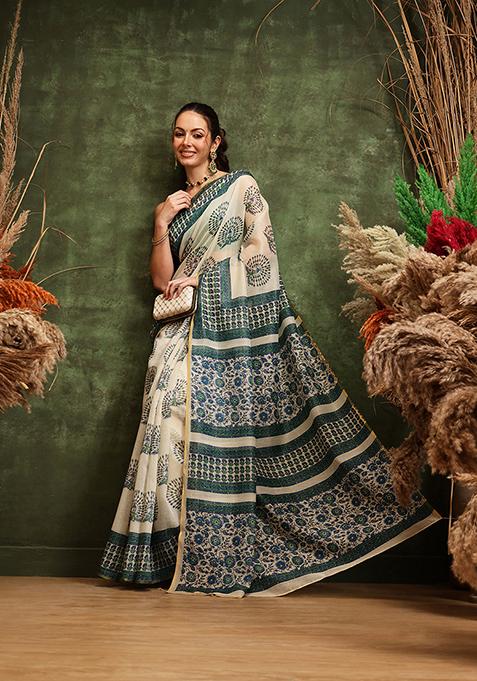 Off White Printed Cotton Saree