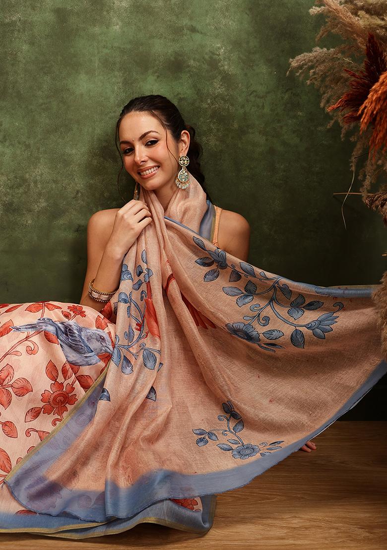 Beige Printed Cotton Saree