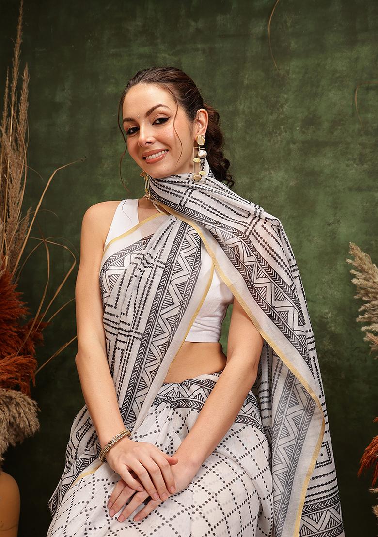 White Printed Cotton Saree
