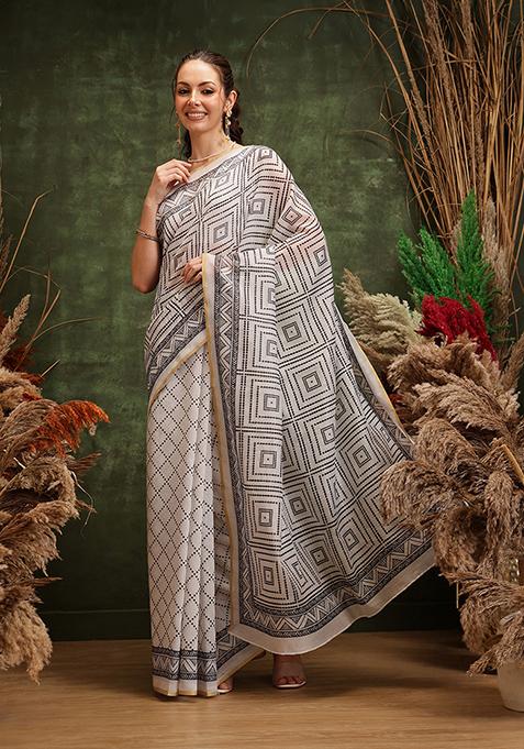White Printed Cotton Saree