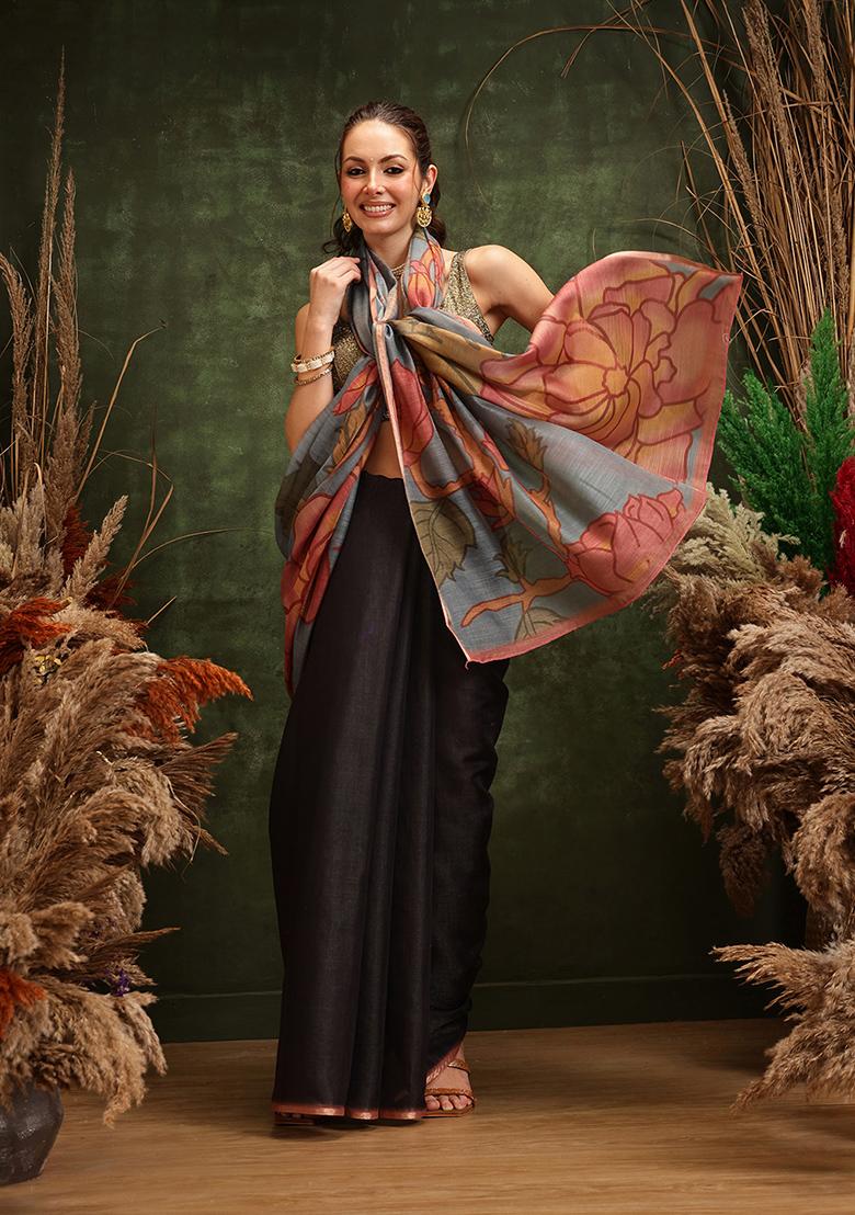 Black Printed Cotton Saree