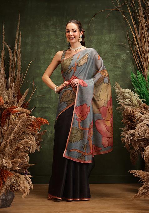 Black Printed Cotton Saree