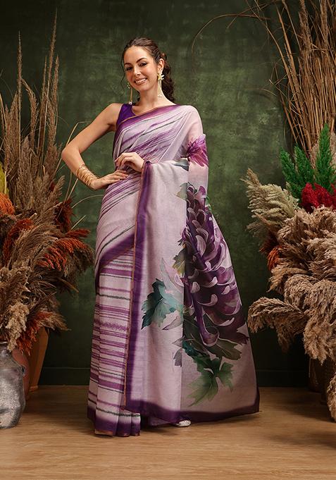 Lavender Printed Cotton Saree