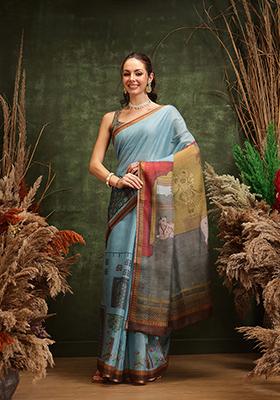 Teal Printed Cotton Saree
