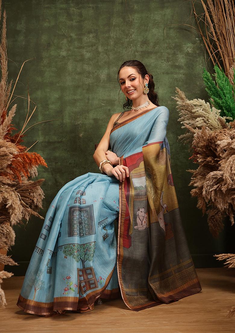 Teal Printed Cotton Saree