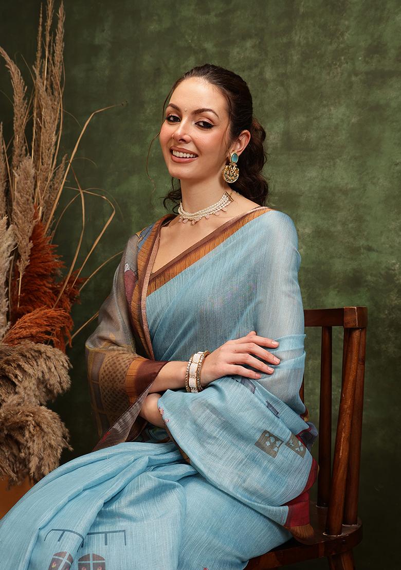 Teal Printed Cotton Saree