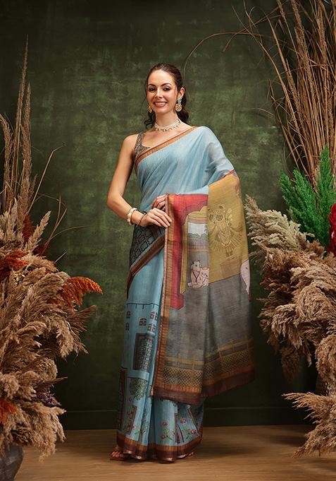 Teal Printed Cotton Saree