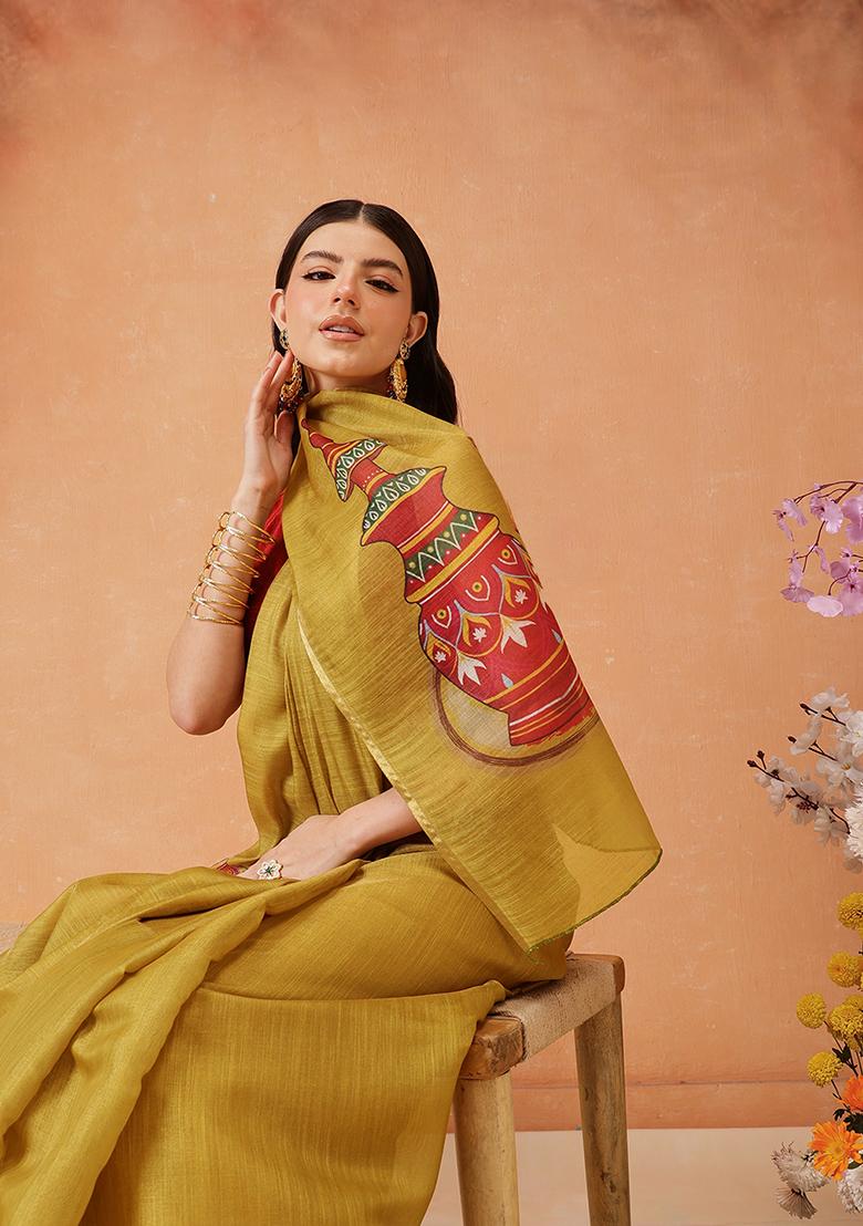 Mustard Printed Cotton Saree