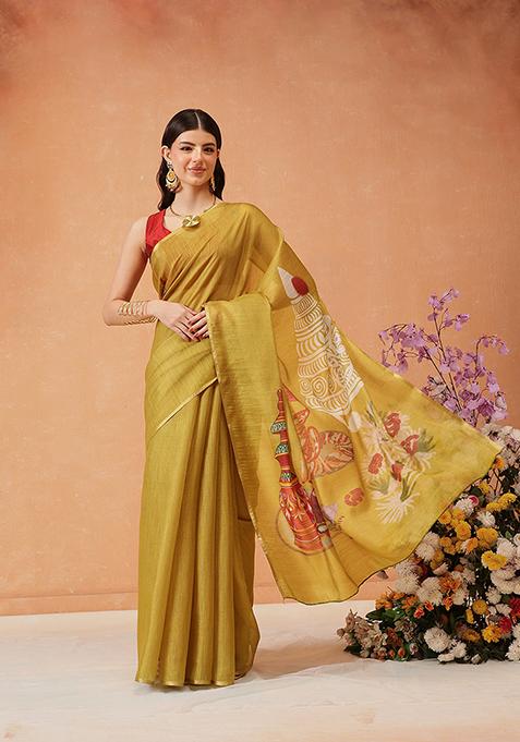 Mustard Printed Cotton Saree