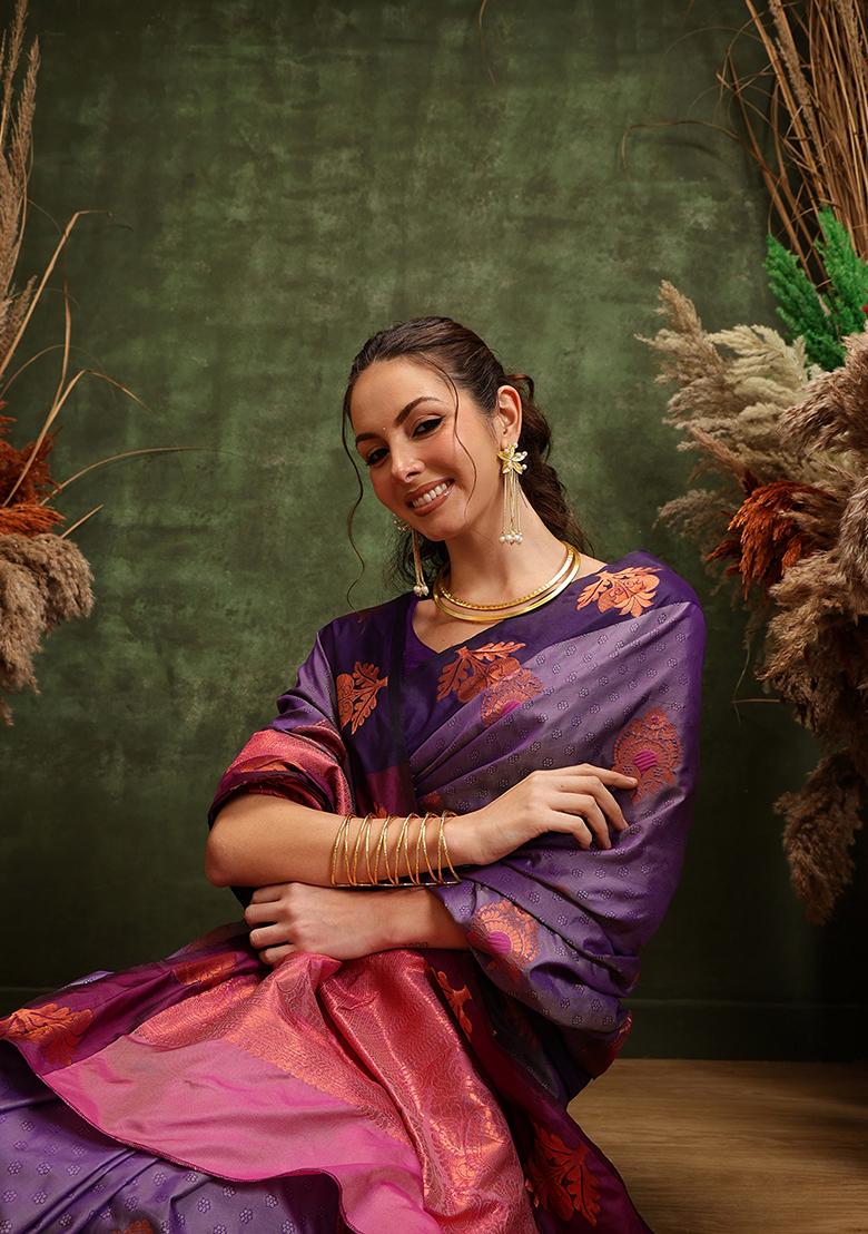 Lavender Zari Embroidered Art Silk Saree