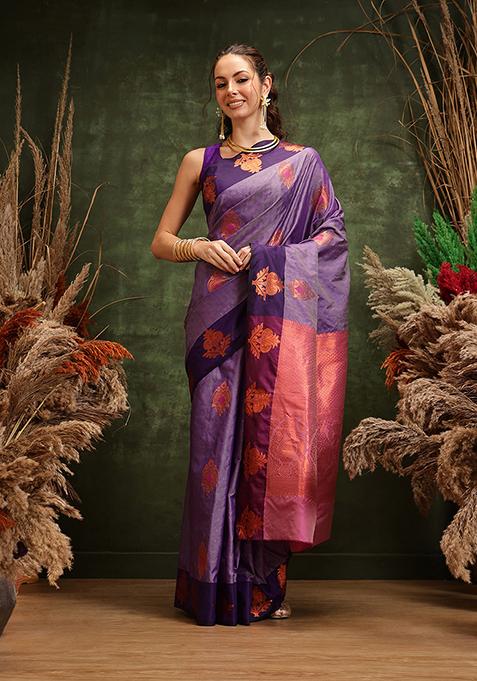 Lavender Zari Embroidered Art Silk Saree