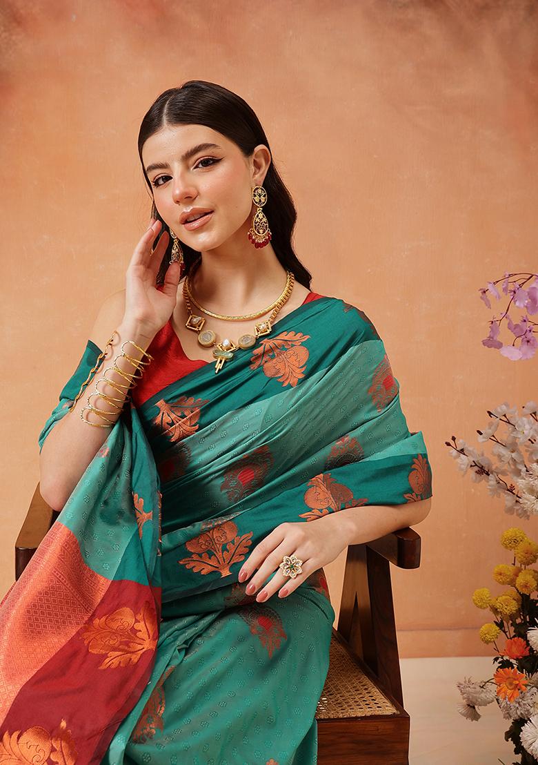 Aqua Zari Embroidered Art Silk Saree