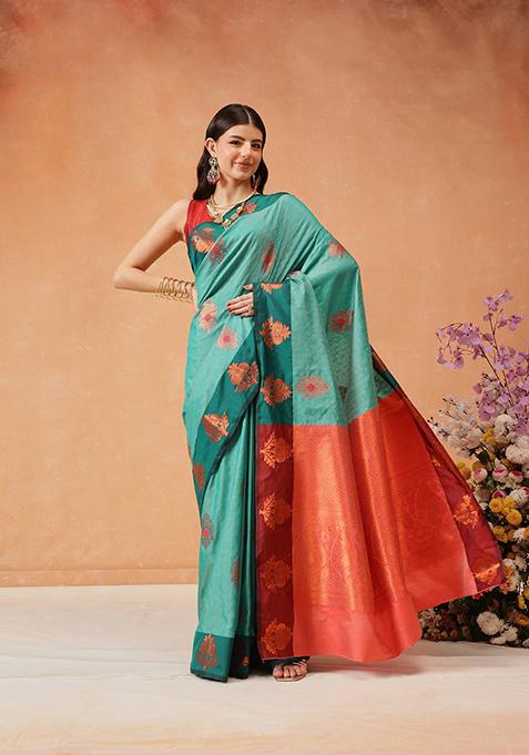Aqua Zari Embroidered Art Silk Saree