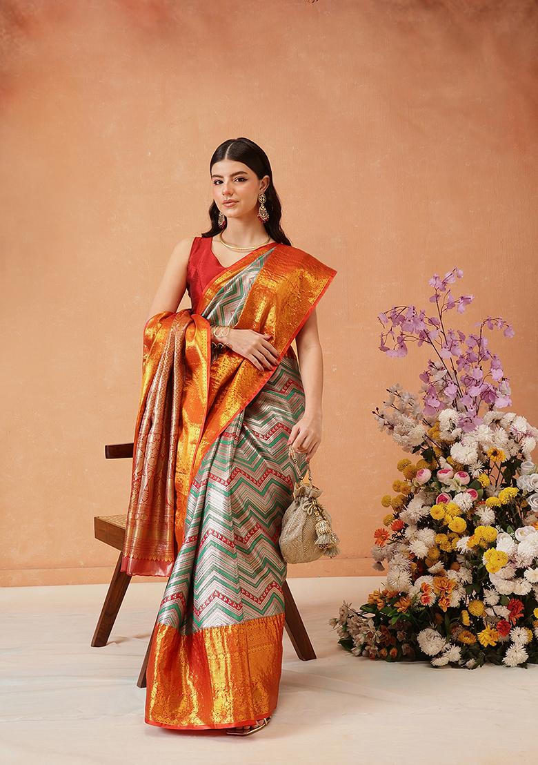 Multicolor Zari Embroidered Silk Saree
