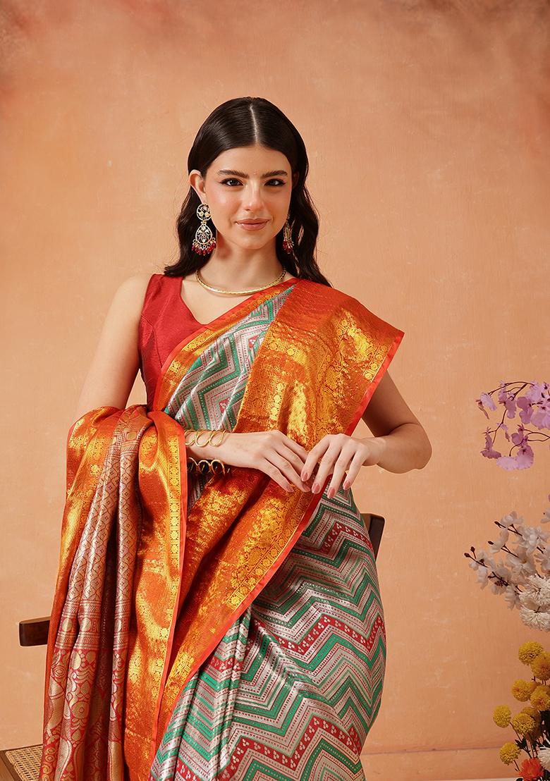 Multicolor Zari Embroidered Silk Saree