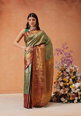 Olive Zari Embroidered Silk Saree