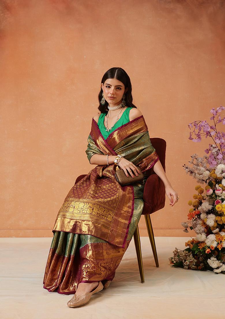 Olive Zari Embroidered Silk Saree