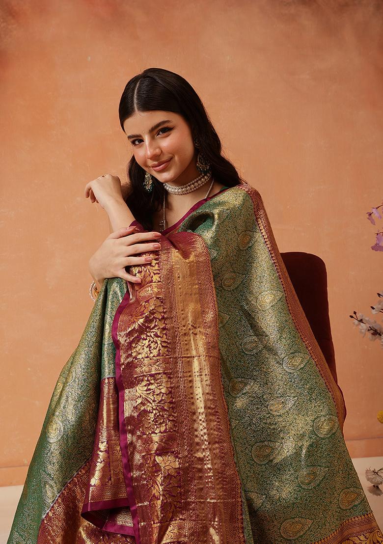 Olive Zari Embroidered Silk Saree