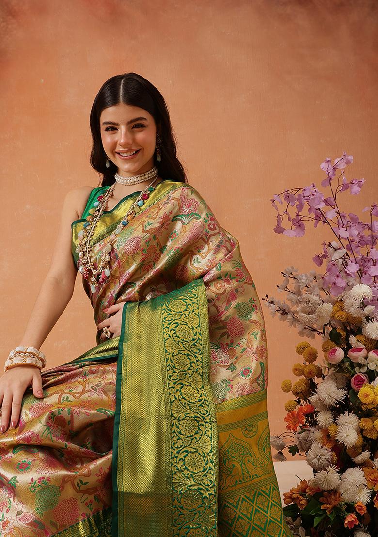 Multicolor Zari Embroidered Silk Saree