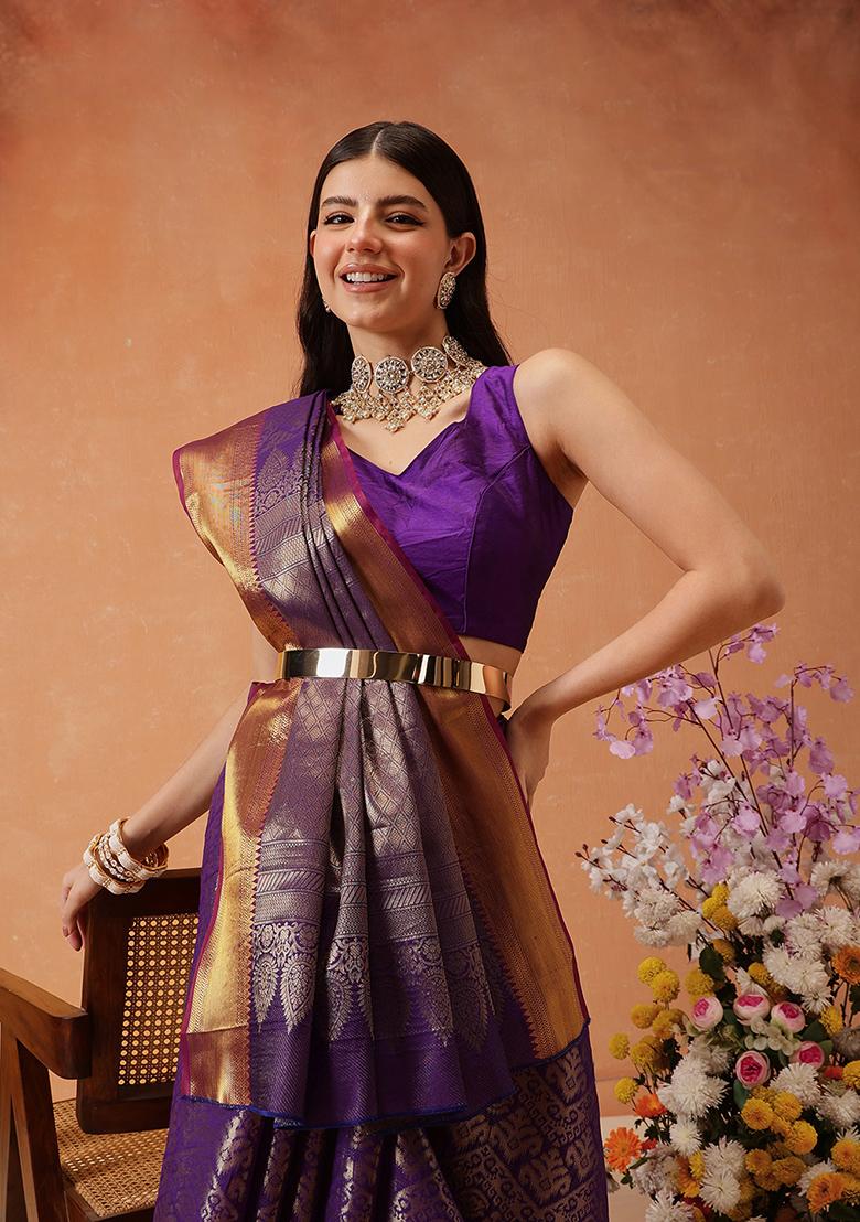 Purple Zari Embroidered Art Silk Saree