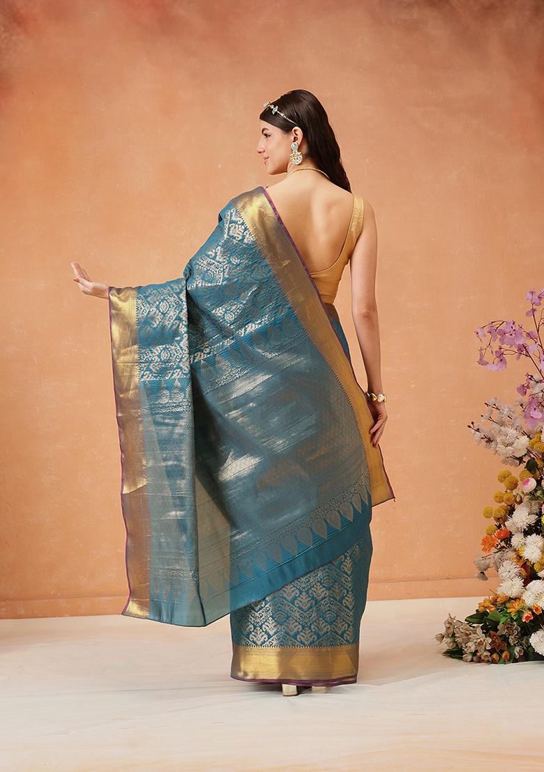 Teal Zari Embroidered Art Silk Saree