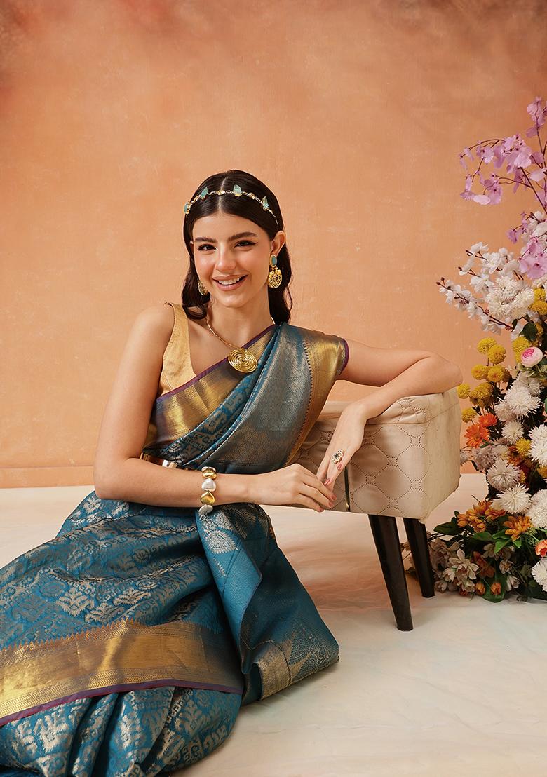 Teal Zari Embroidered Art Silk Saree