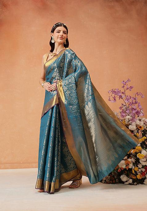 Teal Zari Embroidered Art Silk Saree
