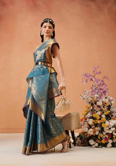 Teal Zari Embroidered Art Silk Saree