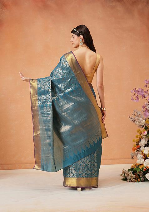 Teal Zari Embroidered Art Silk Saree