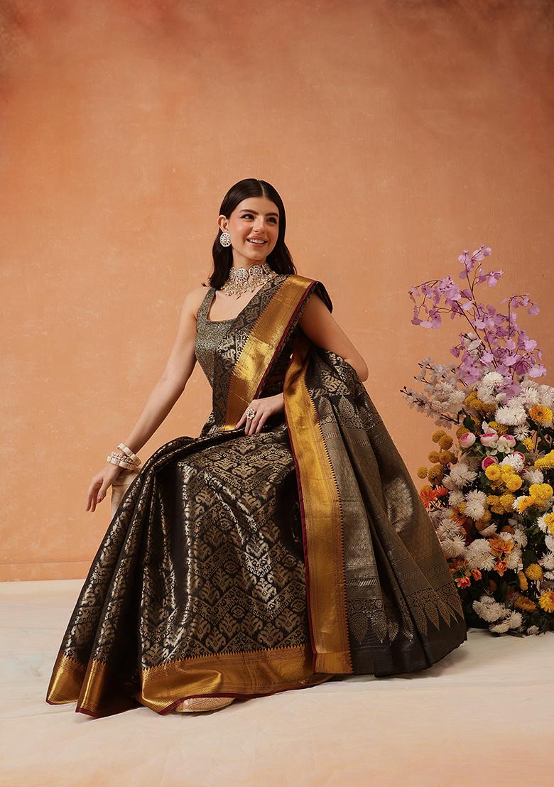 Black Zari Embroidered Art Silk Saree