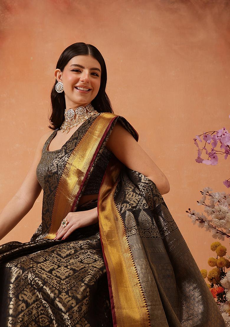 Black Zari Embroidered Art Silk Saree