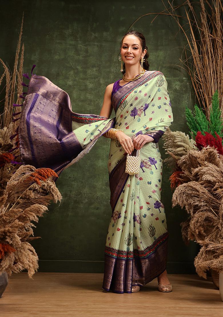 Olive Zari Embroidered Art Silk Saree