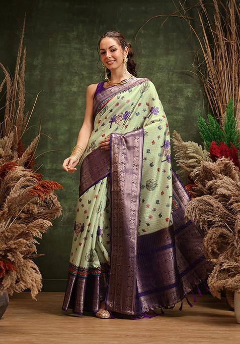 Olive Zari Embroidered Art Silk Saree