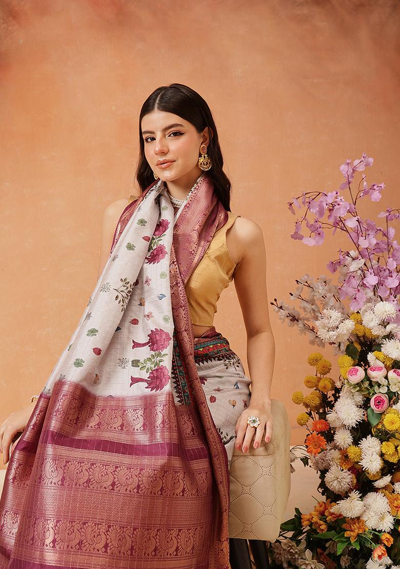 Grey Zari Embroidered Art Silk Saree