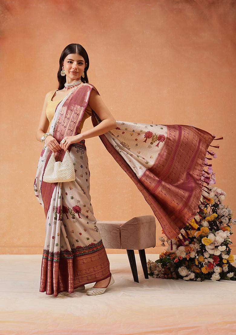 Grey Zari Embroidered Art Silk Saree