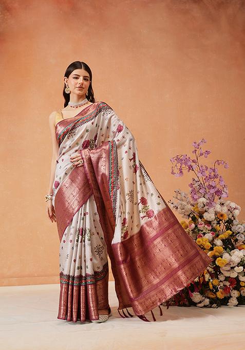 Grey Zari Embroidered Art Silk Saree