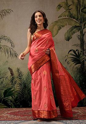 Peach Zari Embroidered Art Silk Saree