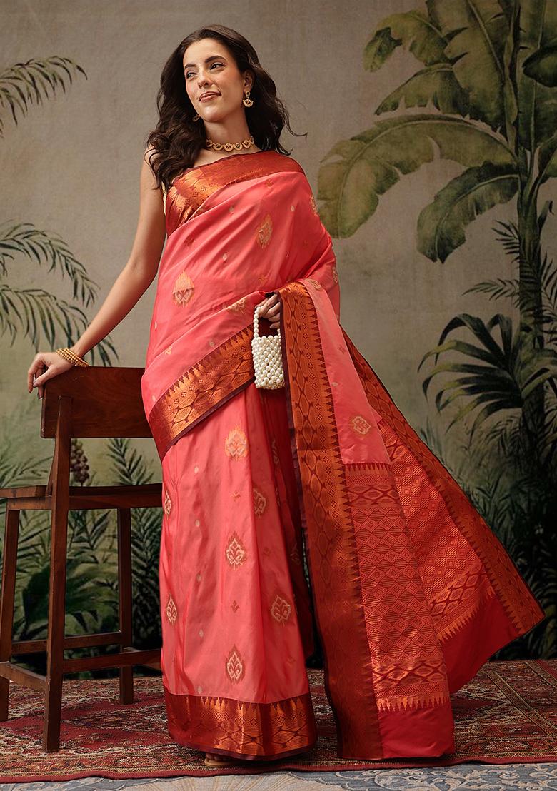 Peach Zari Embroidered Art Silk Saree