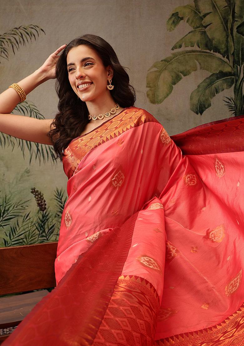 Peach Zari Embroidered Art Silk Saree