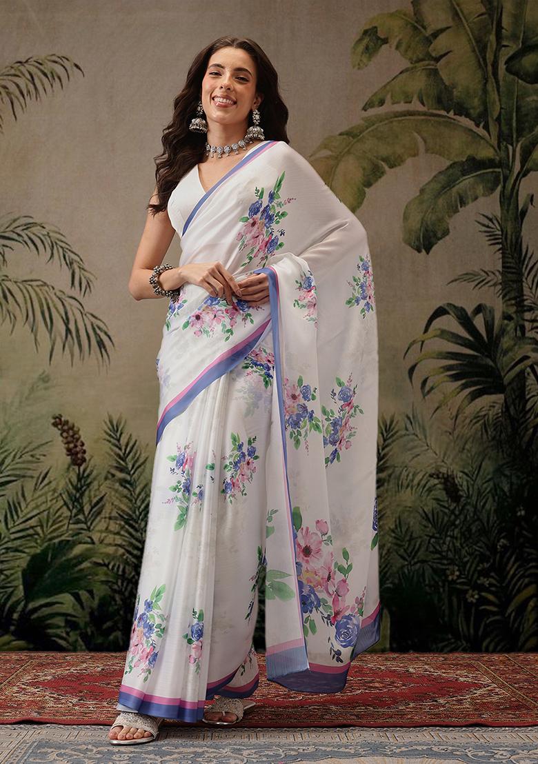 White Printed Satin Saree